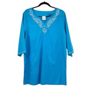 Westbound Beach Cover Up Tunic Top Silver Embellished Cotton Blue‎ Size M